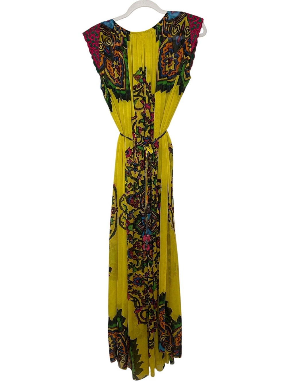 HEMANT & NANDITA Yellow Floral Print Maxi Dress with Pink Cap Sleeves - Picture 3 of 15